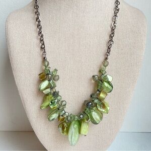 Green glass and shell dangle beads necklace with side gunmetal tone chains